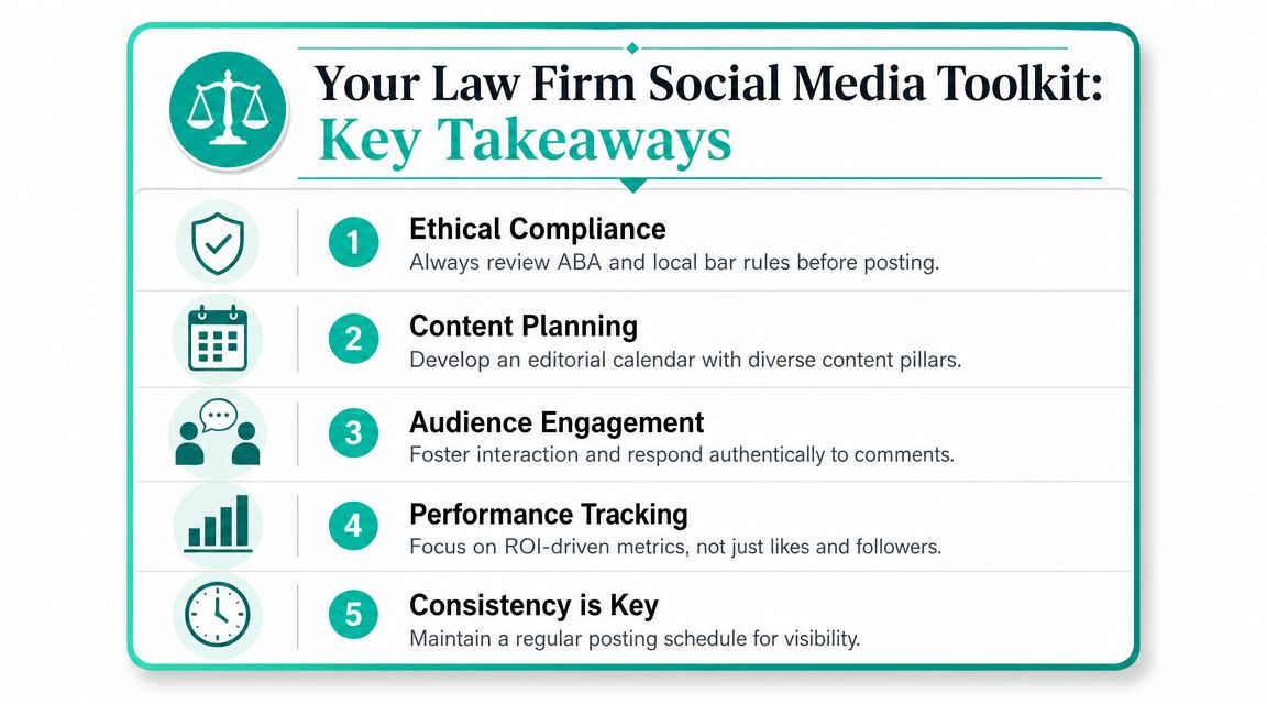 An infographic summarizing five key steps for successful law firm social media marketing strategies.