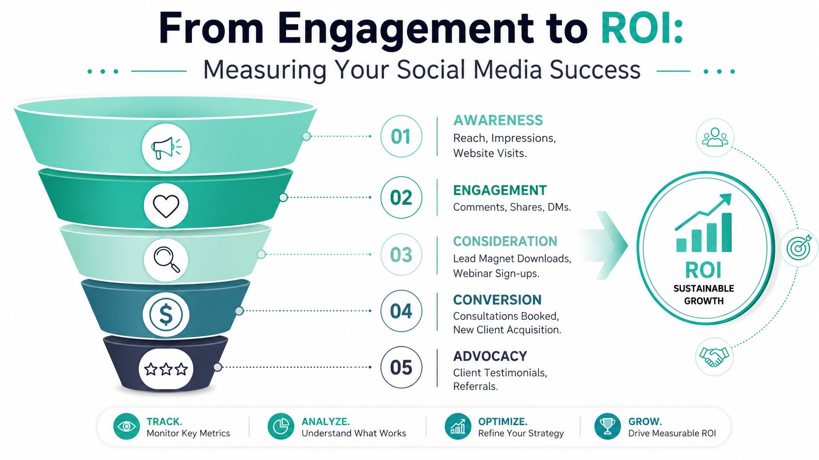 A social media marketing funnel infographic showing the journey from awareness to ROI and sustainable business growth.