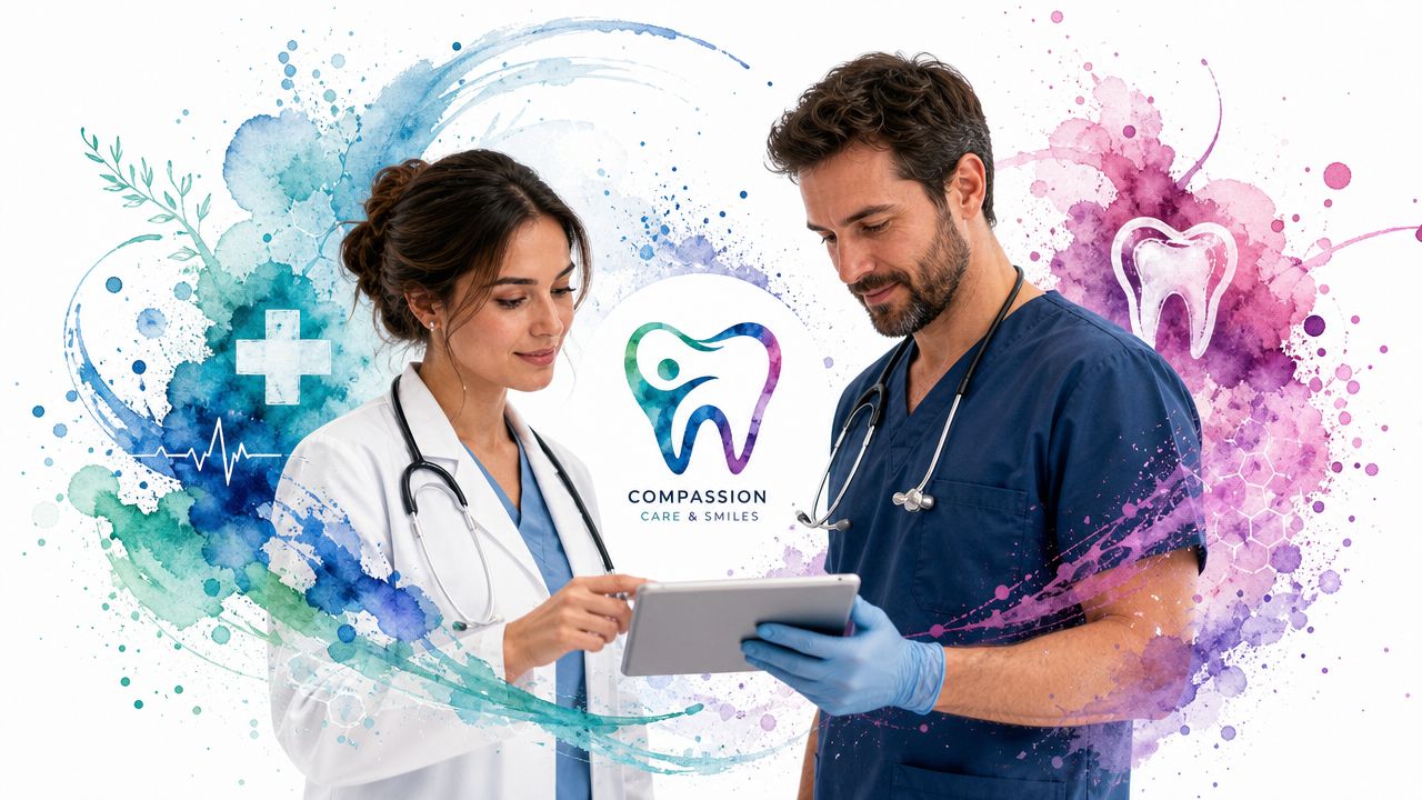Two medical professionals in scrubs looking at a tablet together against a colorful abstract artistic dental background.