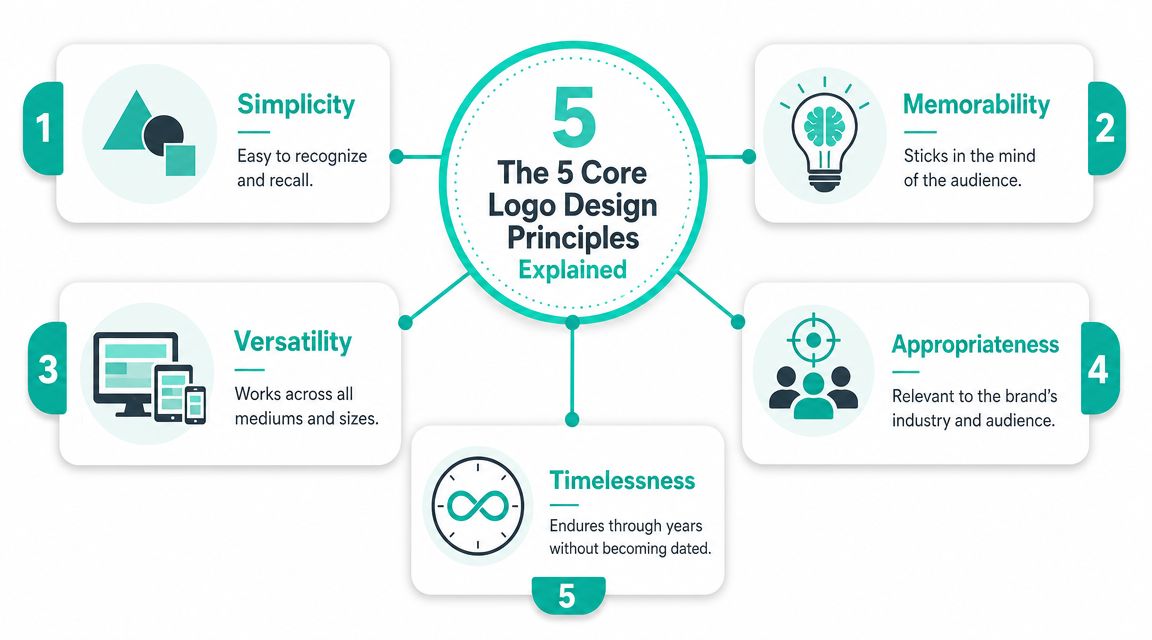 A diagram illustrating the five core logo design principles: simplicity, memorability, versatility, appropriateness, and timelessness.