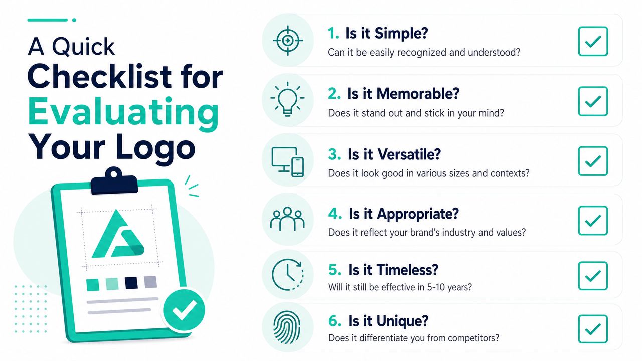 A checklist illustrating six key principles for evaluating logo design quality and effectiveness.