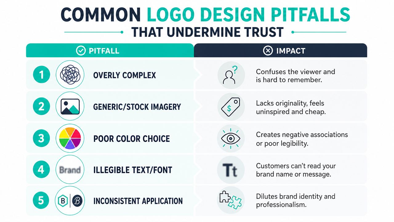 An infographic listing five common logo design pitfalls that undermine brand trust and professionalism.