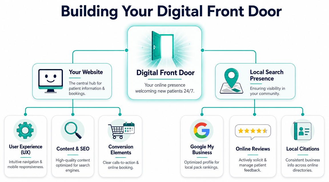 A diagram illustrating strategies for building a healthcare digital front door through website and local SEO.