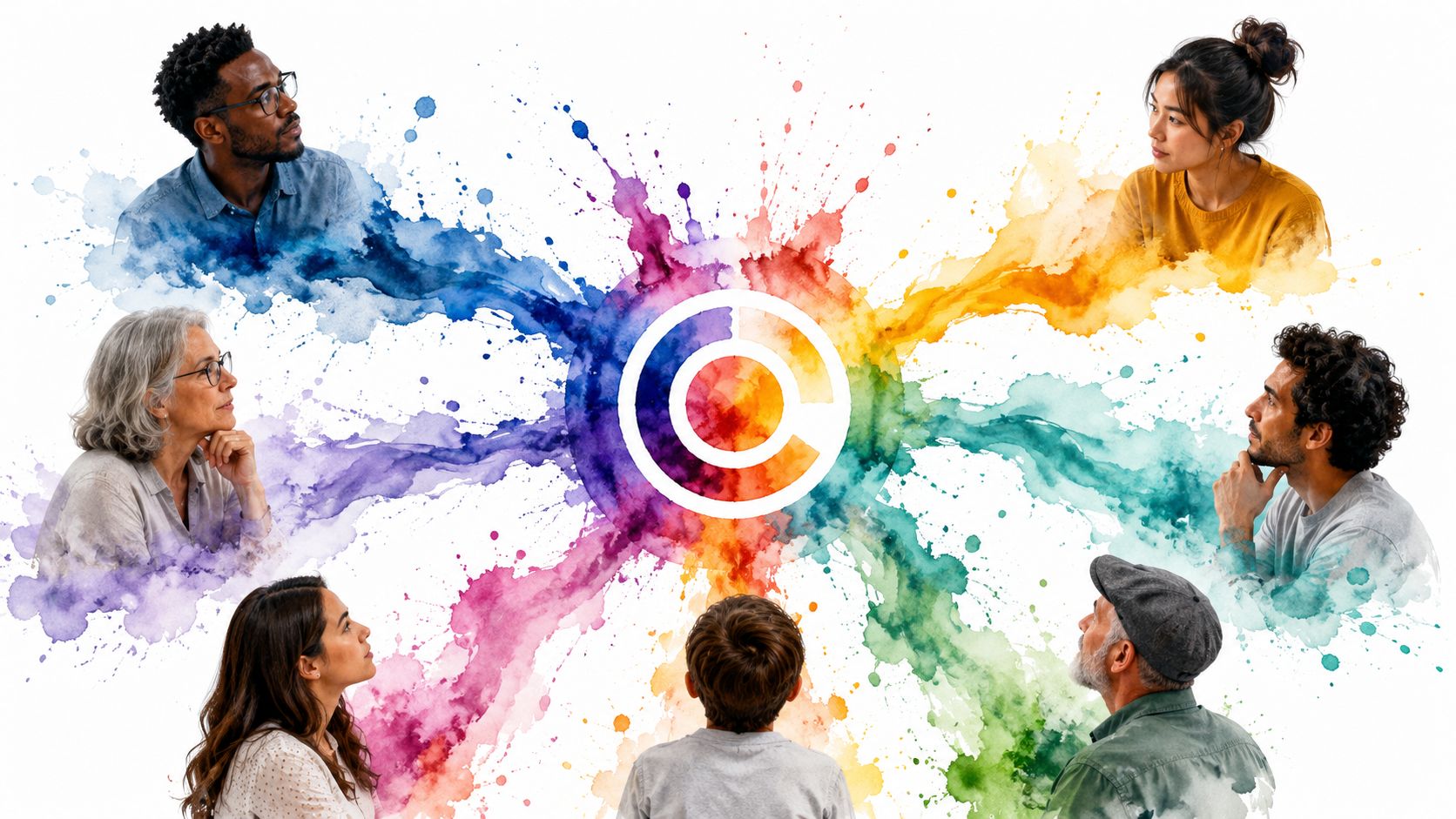 A diverse group of people looking at a colorful abstract watercolor design centered on a logo.
