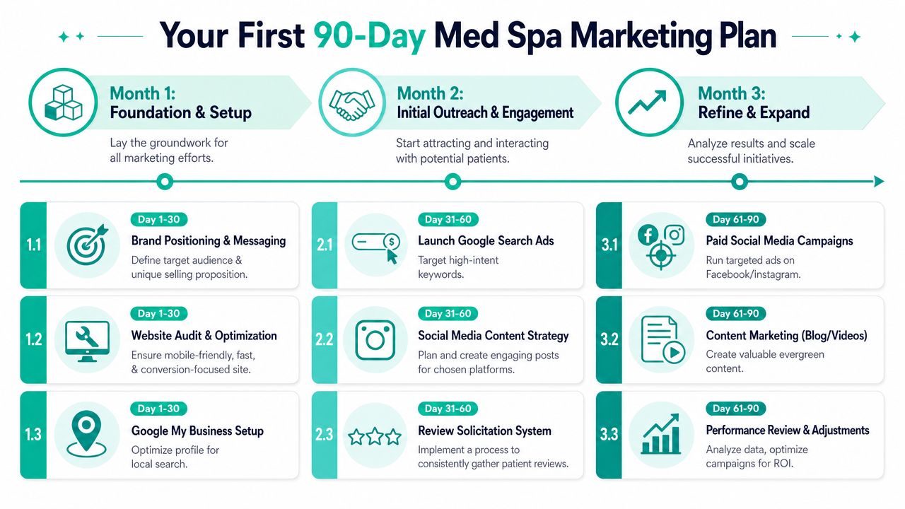 A 90-day marketing plan infographic designed for med spas, outlining month-by-month strategies and actionable tasks.