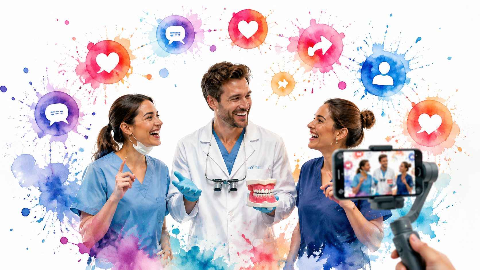 A smiling dental team filming social media content with a model of teeth and colorful icons.