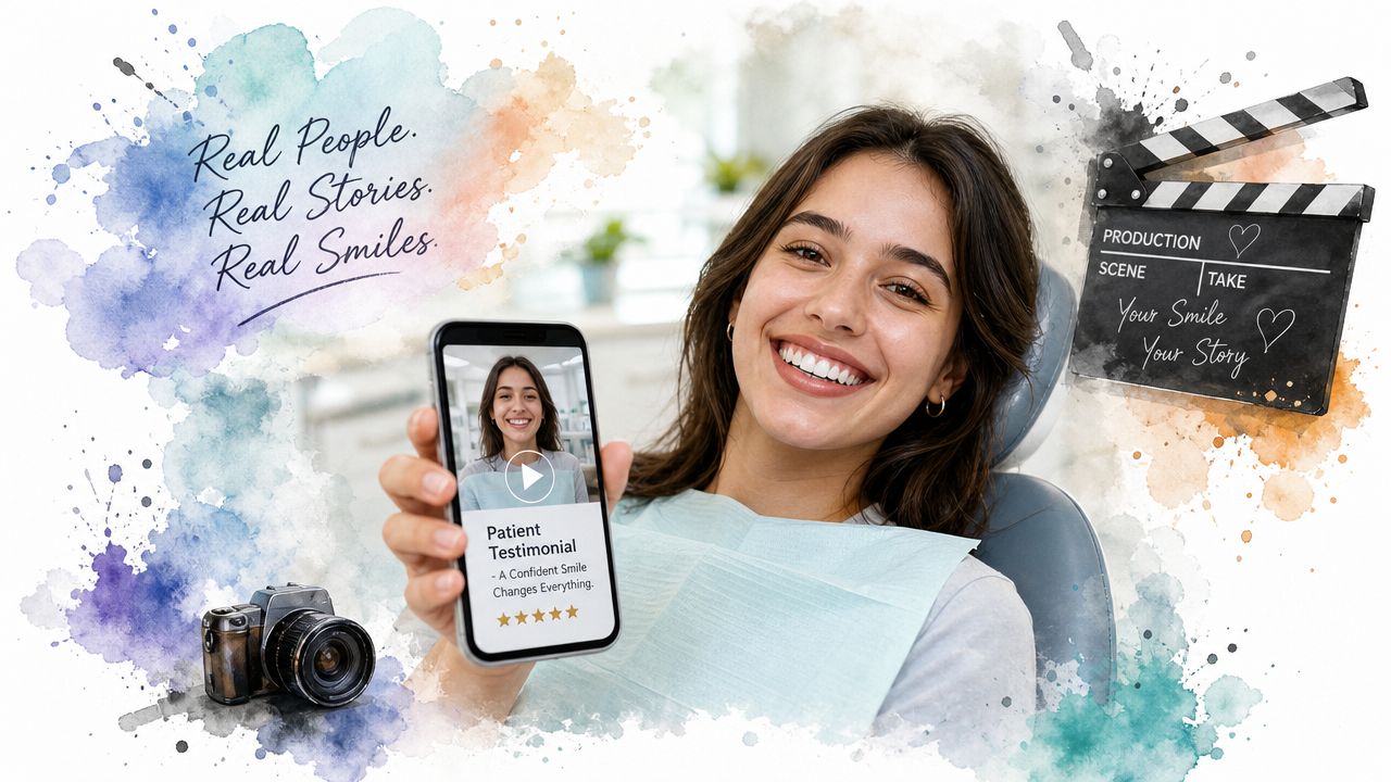 A smiling patient in a dental chair holding a phone showing a video testimonial for dentists.