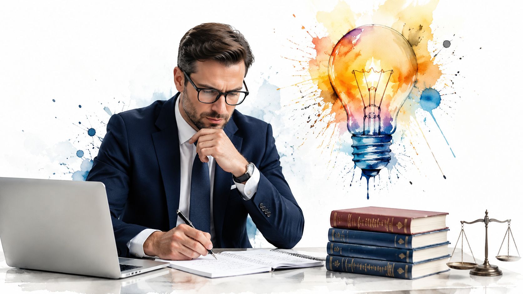 A professional lawyer with glasses sitting at his desk, writing in a notebook while brainstorming creative ideas.