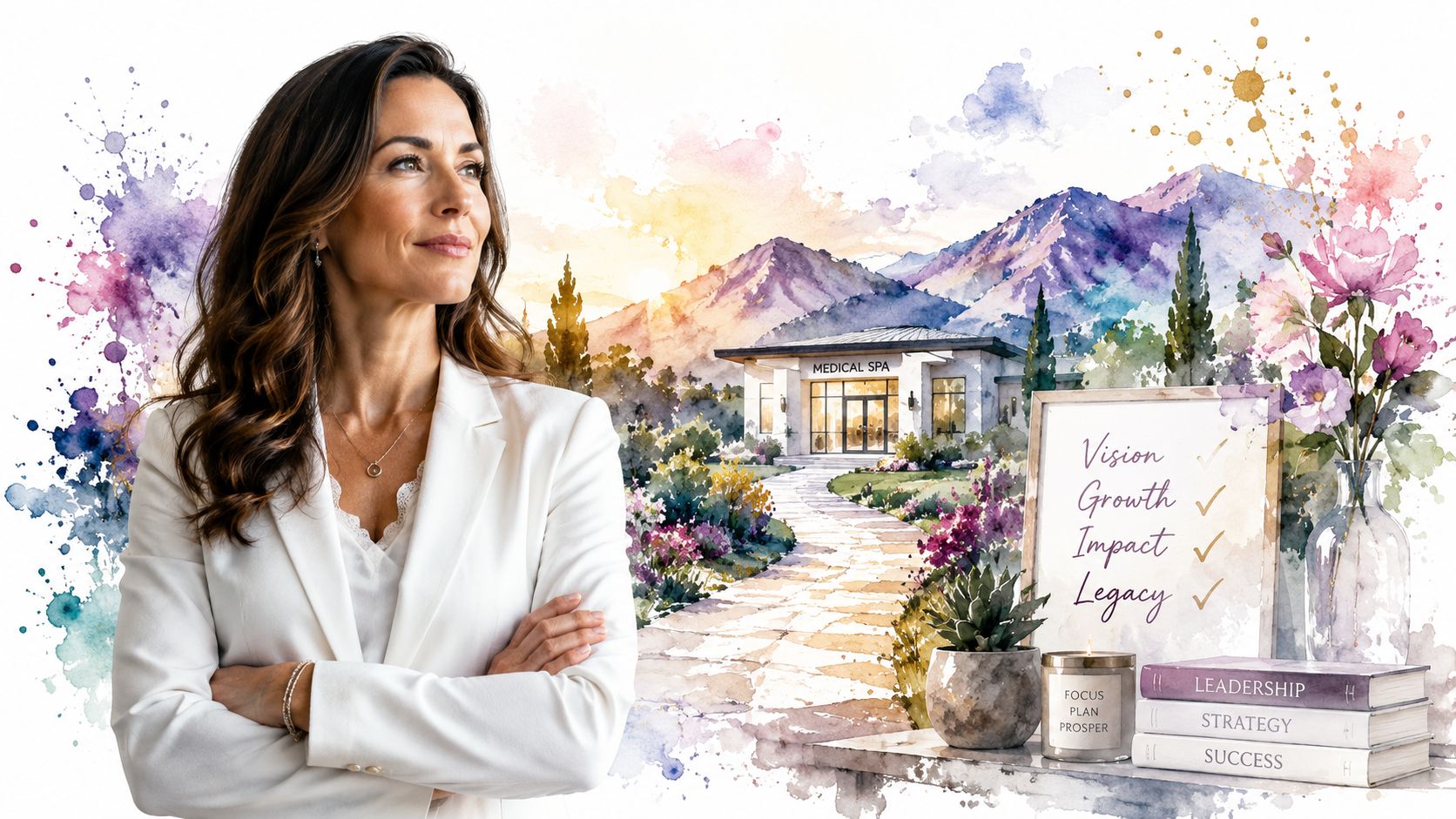 A professional woman in a white blazer posing next to a medical spa concept and business goals.