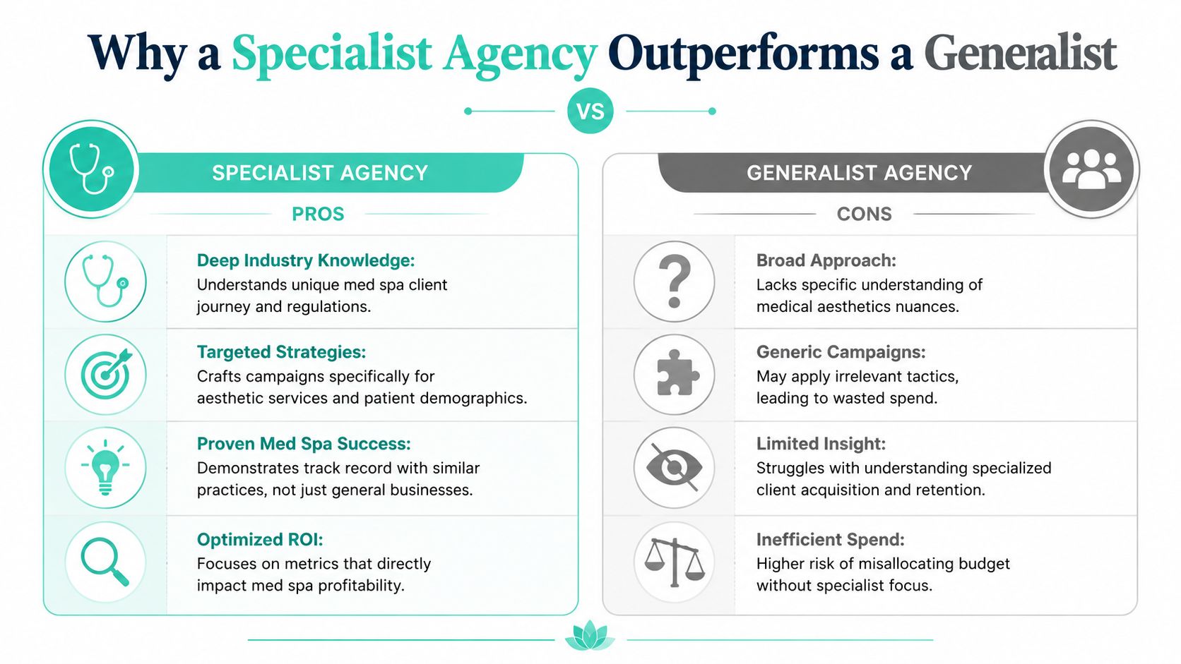 A comparison infographic showing why specialist agencies outperform generalist agencies in medical spa marketing.