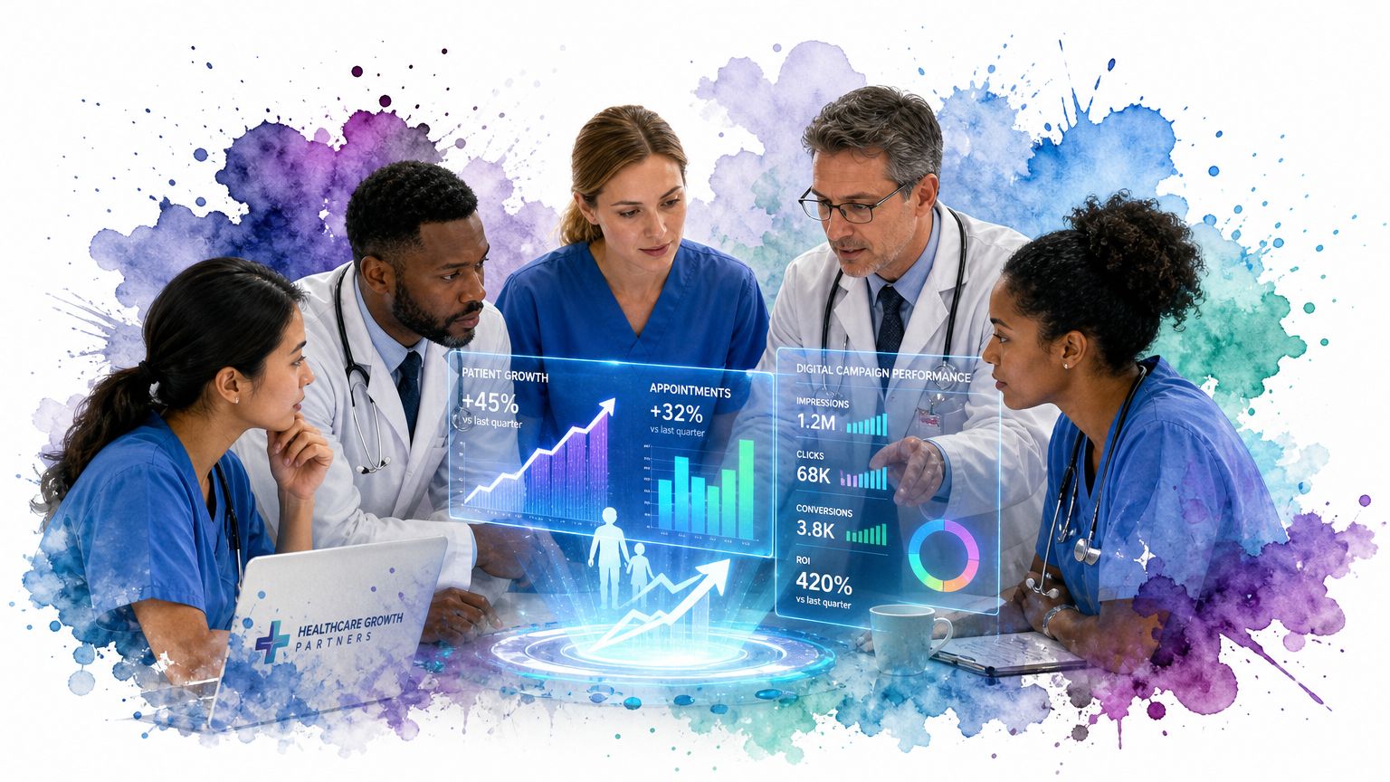 A diverse team of healthcare professionals reviews digital marketing growth analytics on a holographic display screen.