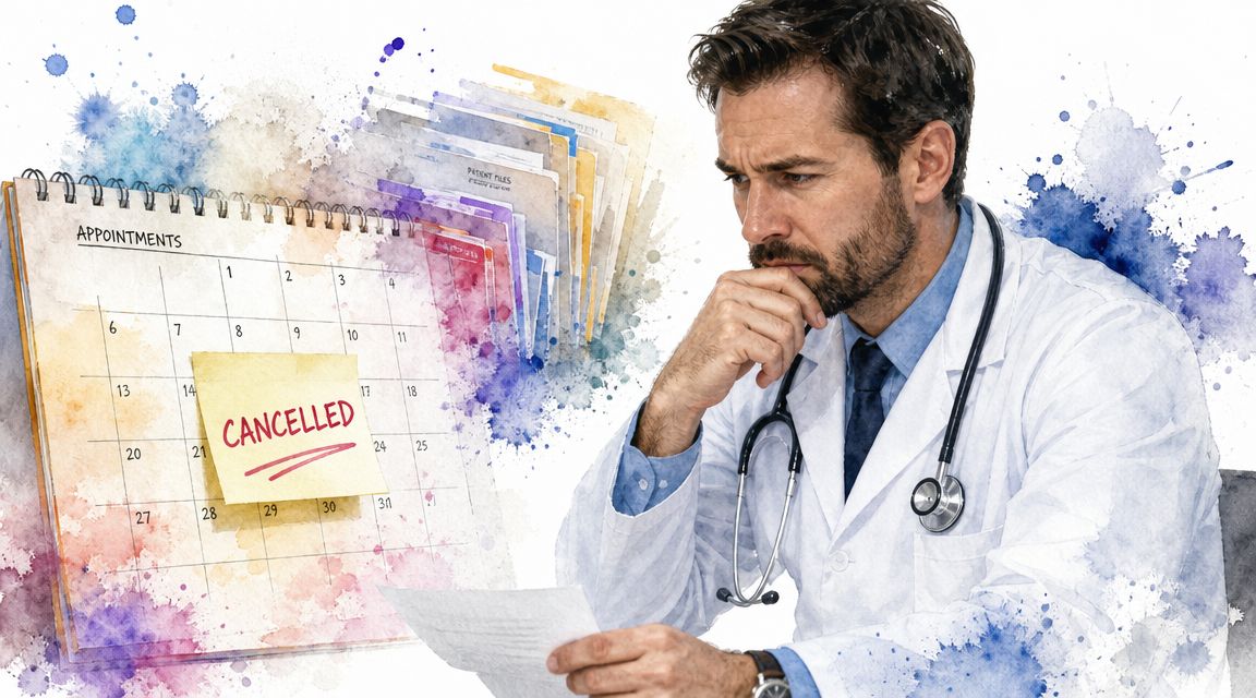 A concerned doctor looking at medical files with a cancelled appointment calendar in the background.