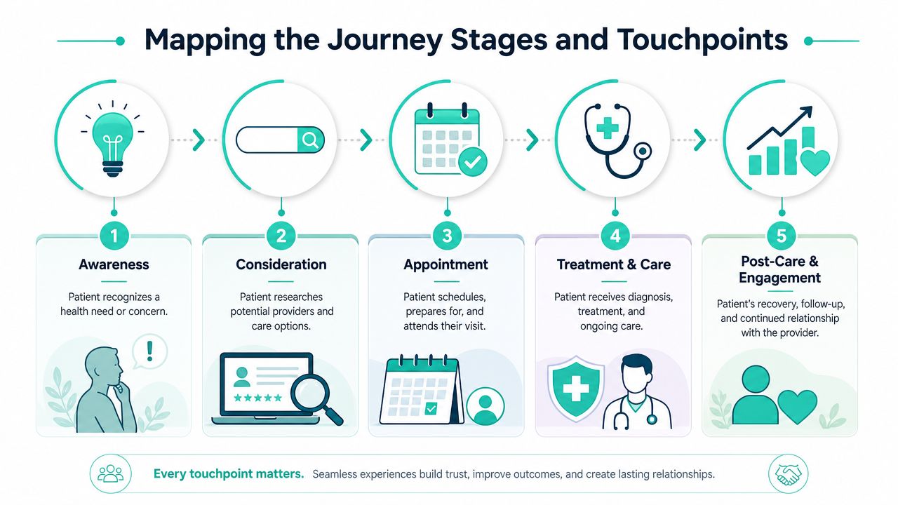A diagram mapping the five stages of the patient journey from awareness to post-care and engagement.
