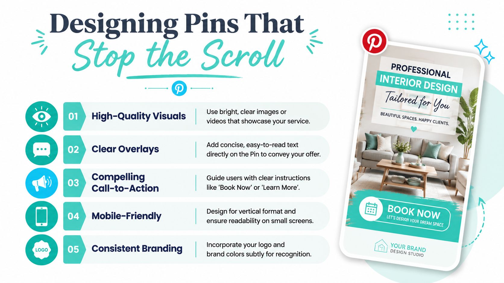 An infographic detailing five best practices for creating engaging Pinterest pins to boost clicks and conversions.