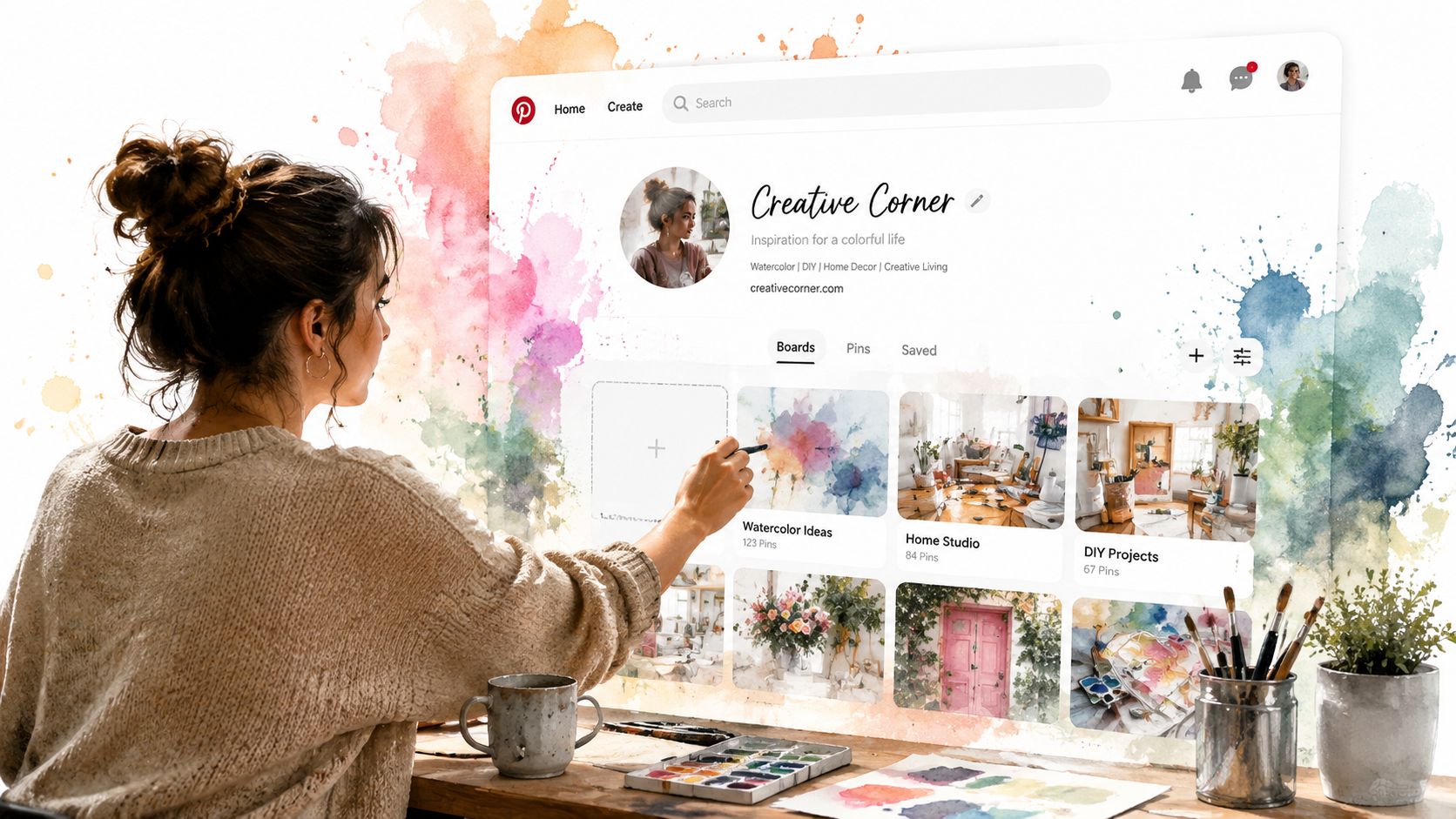 A woman artist interacting with a digital Pinterest profile for Creative Corner featuring watercolor inspiration boards.