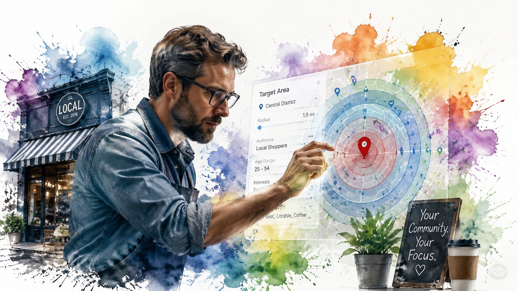 A bearded store owner using a digital interface to target local customers near his small shop.