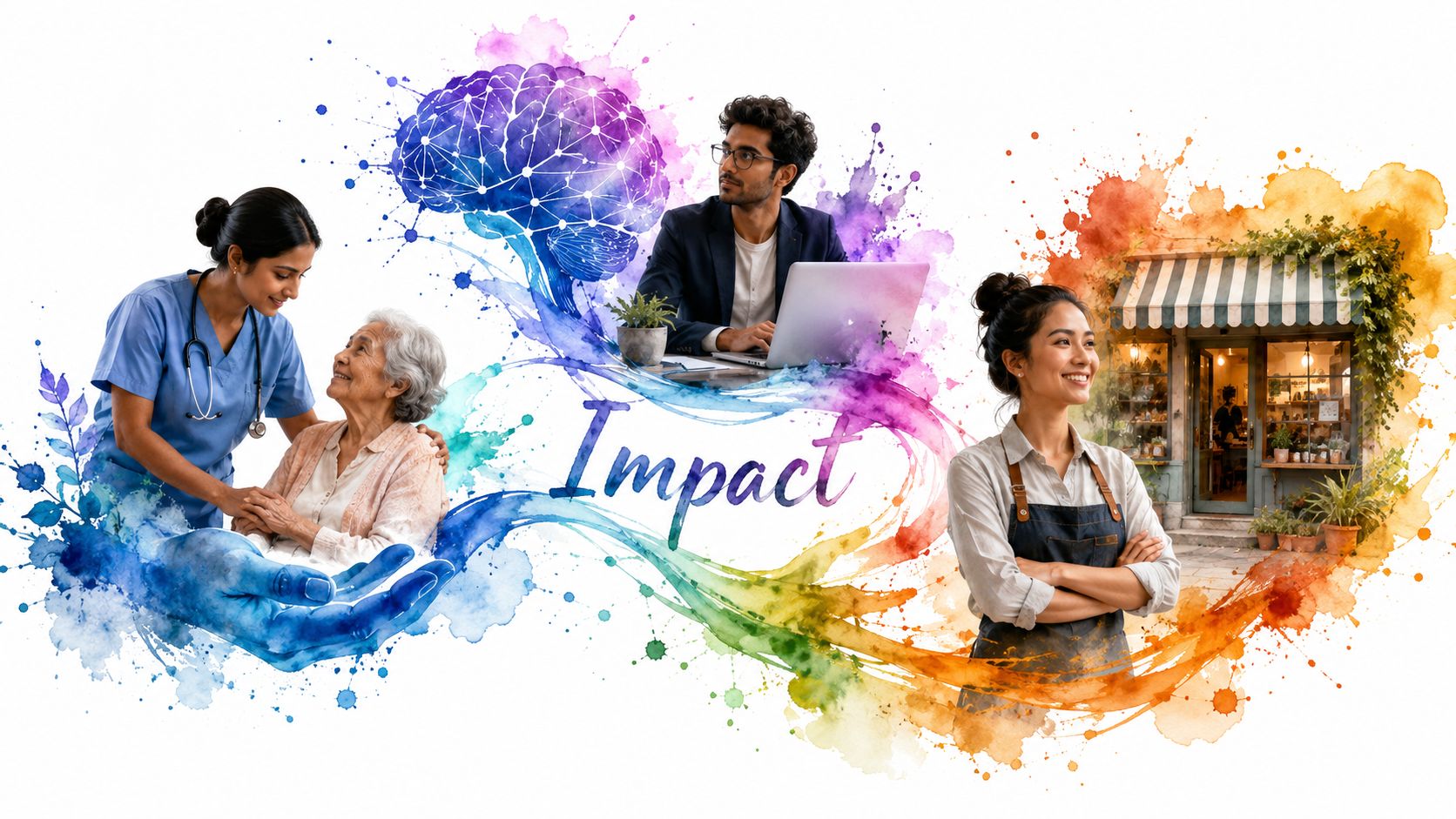 A creative illustration representing diverse professional impact with medical, corporate, and small business scenes surrounding a brain.