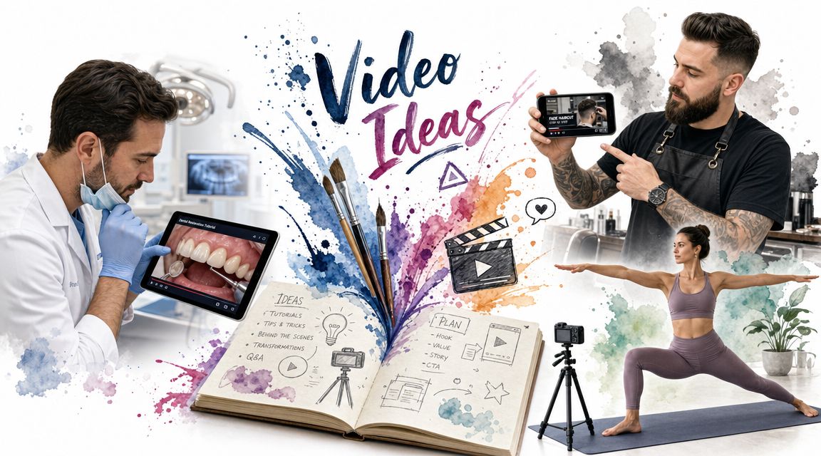 A creative illustration showcasing video marketing ideas for small businesses featuring a dentist, barber, and yoga instructor.