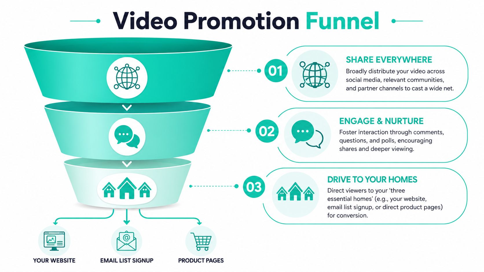 A marketing funnel infographic illustrating a three-step process to promote business videos and drive traffic.