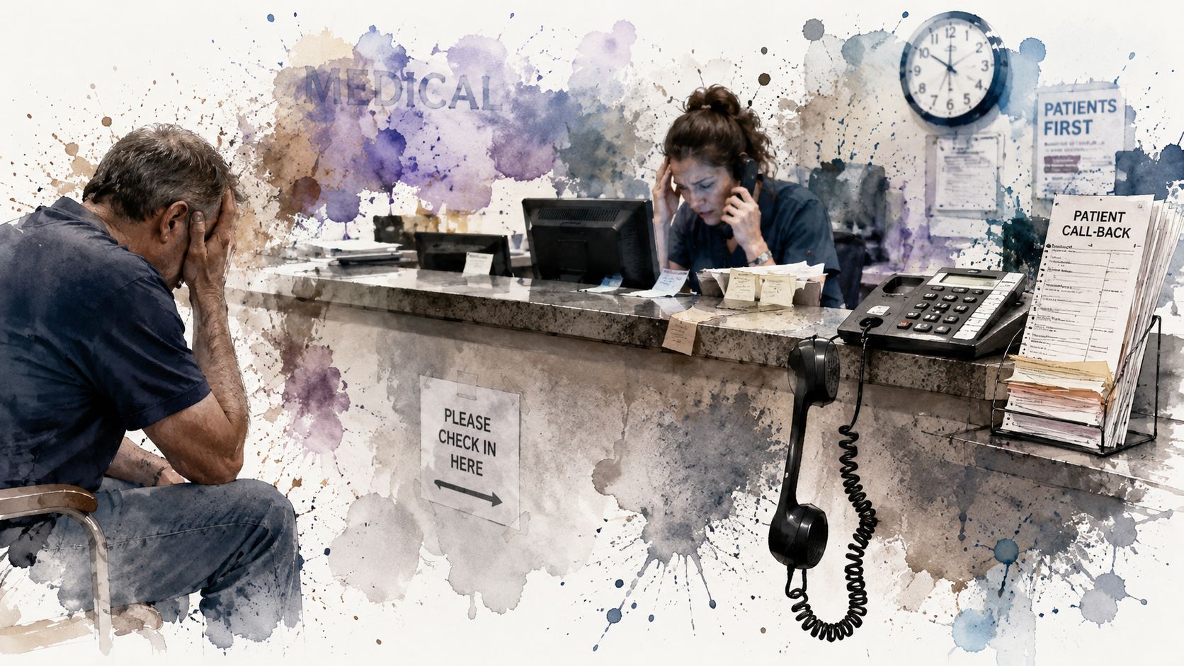 A distressed man waiting at a busy medical office reception desk while a staff member answers calls.
