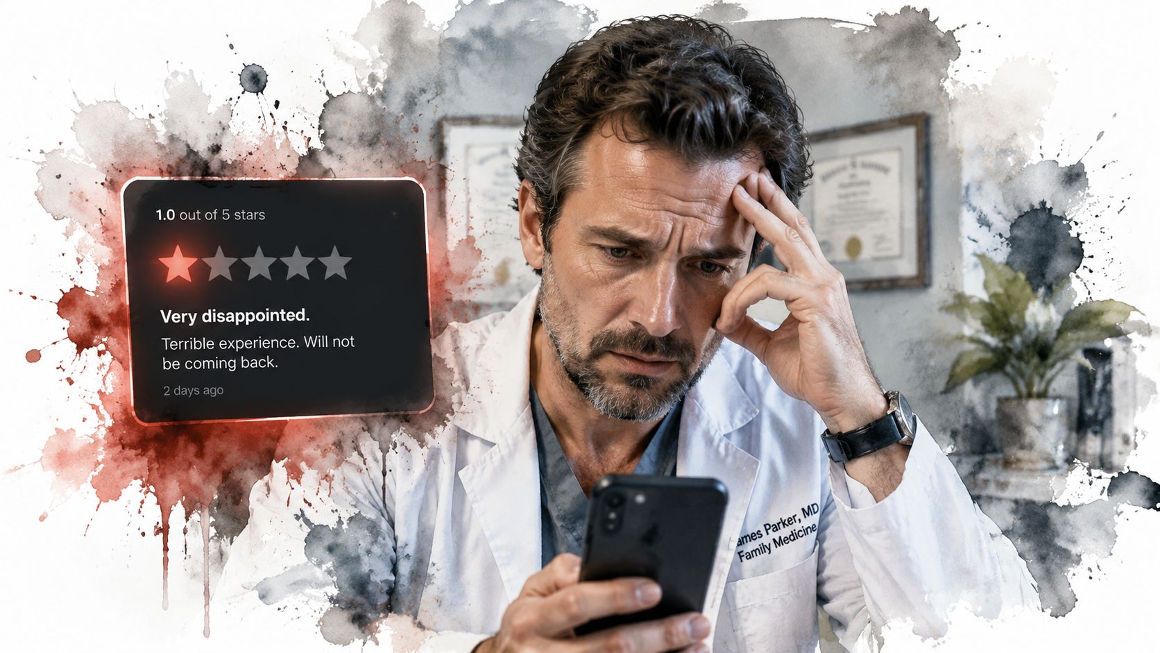A concerned doctor looking at his phone while viewing a negative one-star patient review online.