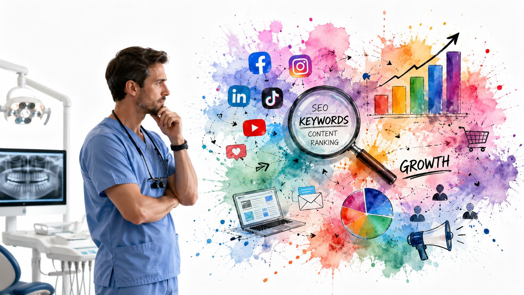 A focused dentist looking at a creative digital marketing strategy diagram with social media and growth elements.