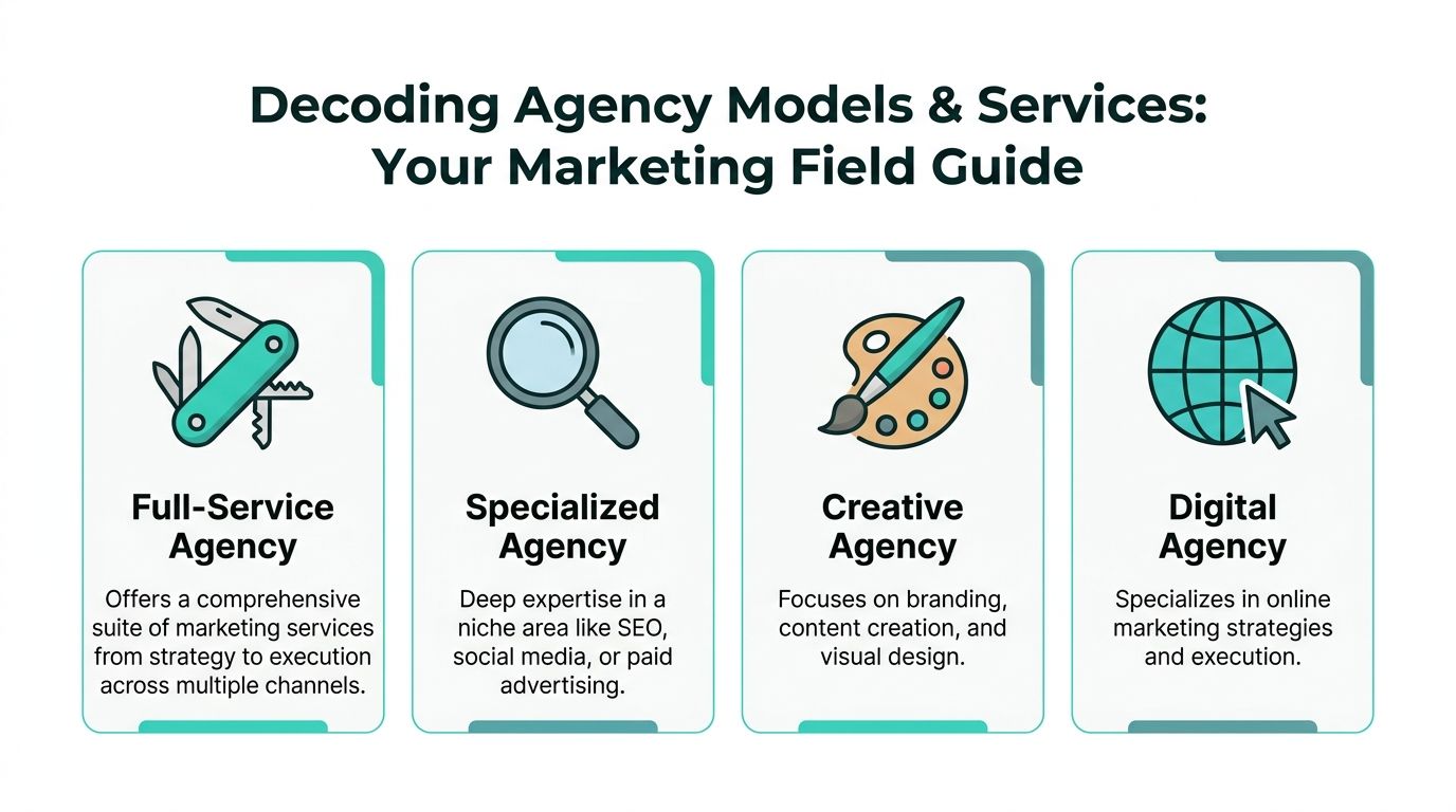 A visual guide illustrating four different types of marketing agencies: Full-Service, Specialized, Creative, and Digital.