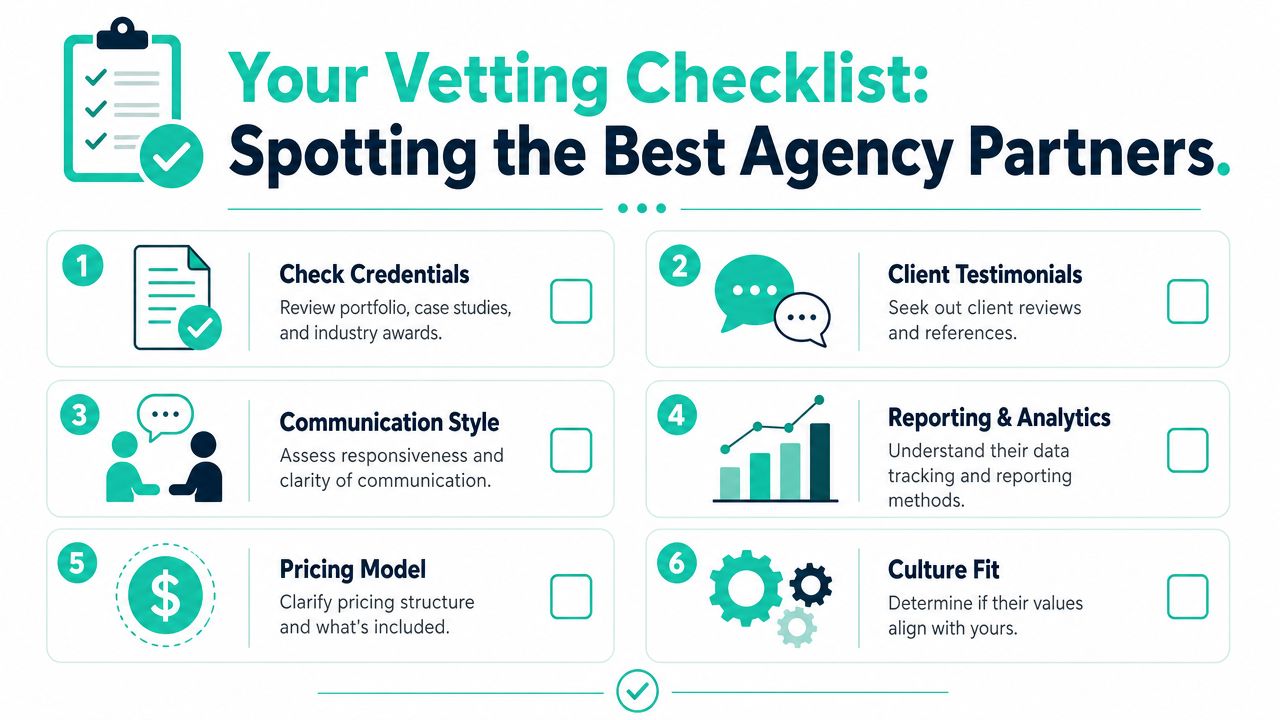 A vetting checklist for selecting the best agency partners, featuring six essential evaluation criteria.