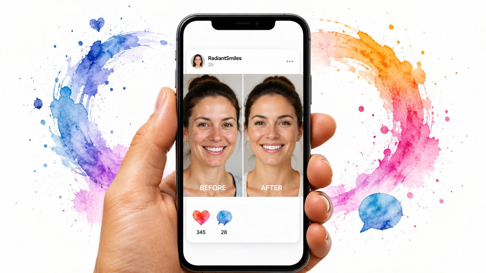 A hand holding a smartphone displaying a social media post showing a woman's dental transformation before and after.