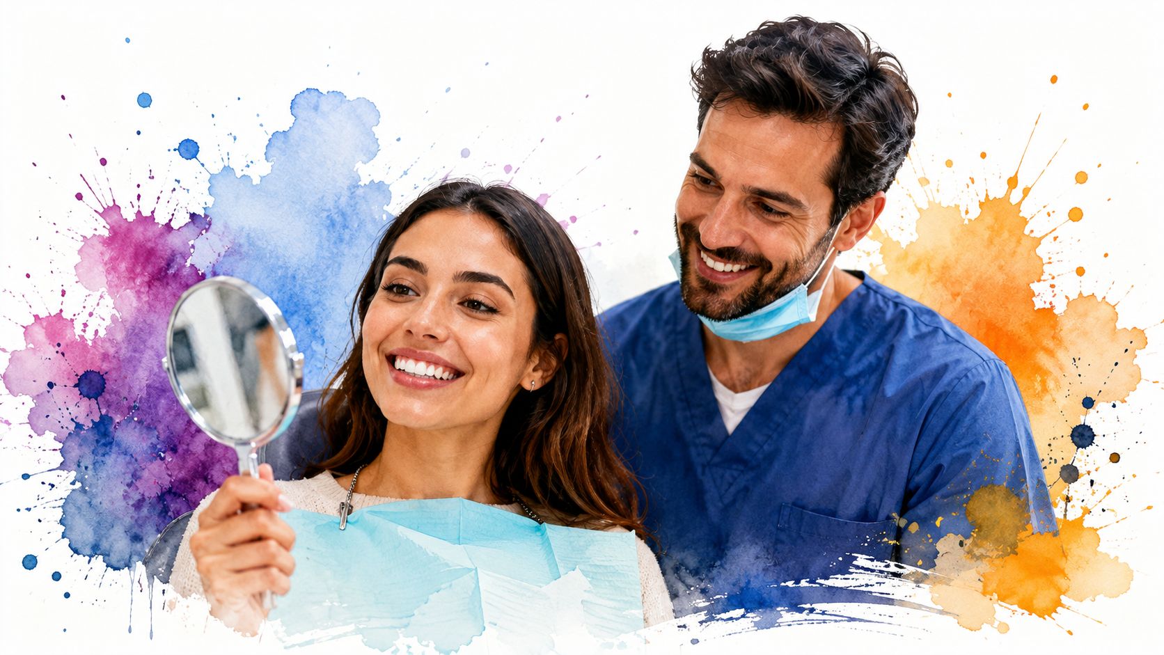 A happy woman smiles while holding a mirror in a dental office with her dentist standing nearby.