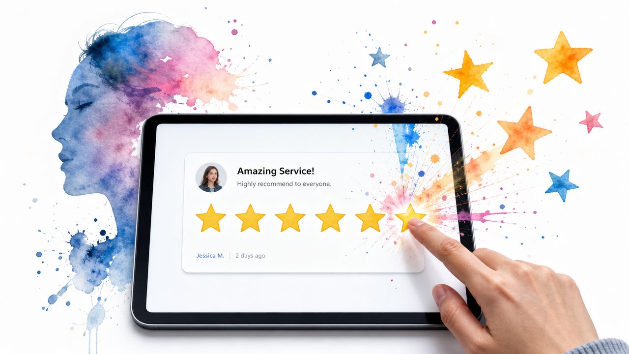 A hand taps a five-star review on a digital tablet with colorful artistic splashes in the background.