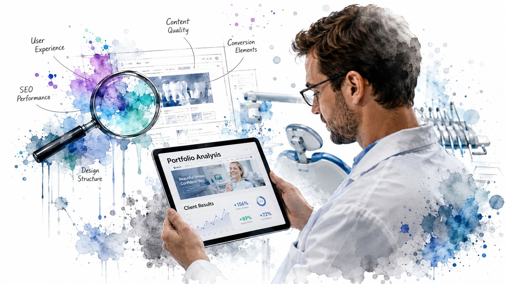 A dentist reviewing digital analytics on a tablet, showcasing SEO, design structure, and website performance optimization.
