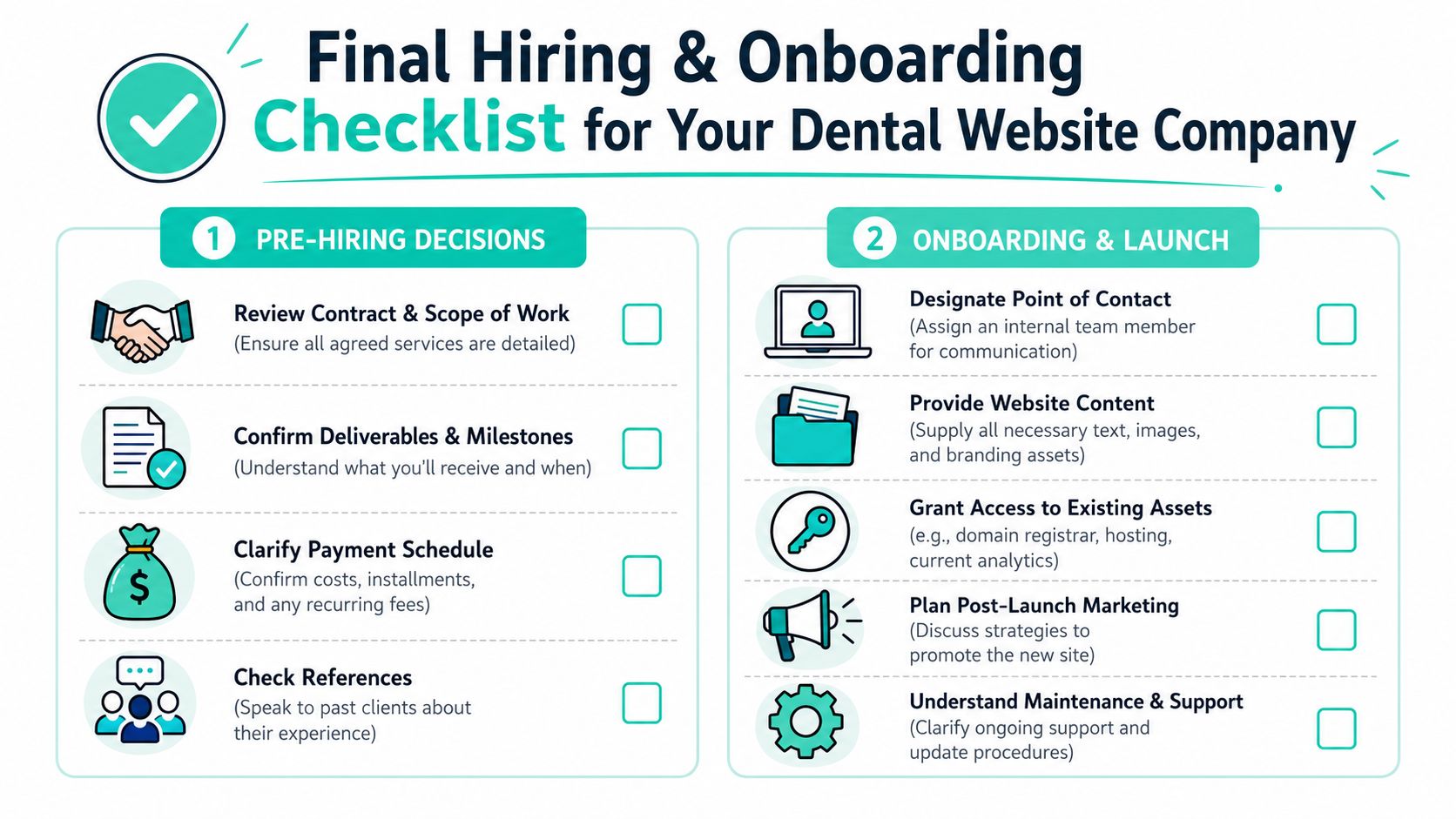A checklist for hiring and onboarding a dental website design company, covering pre-hiring decisions and project launch.