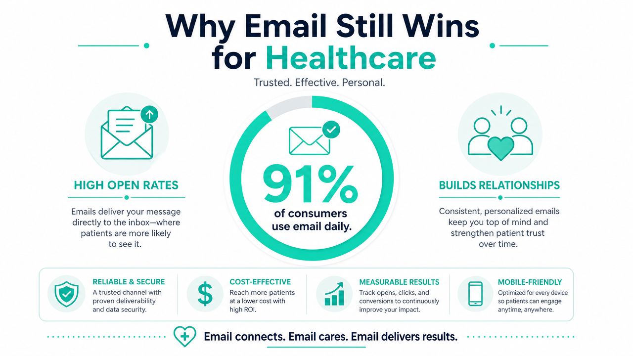 An infographic titled Why Email Still Wins for Healthcare highlighting the benefits of email marketing for medical professionals.