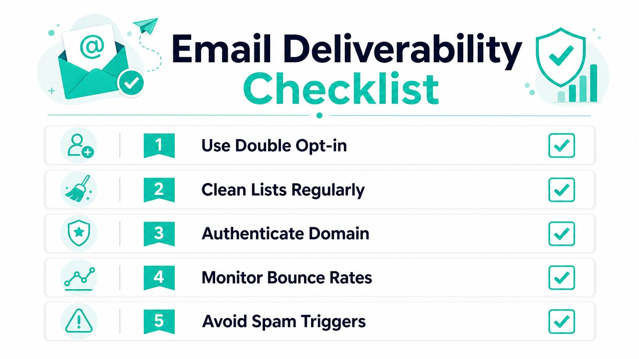 An infographic titled Email Deliverability Checklist displaying five essential steps for successful professional email marketing campaigns.