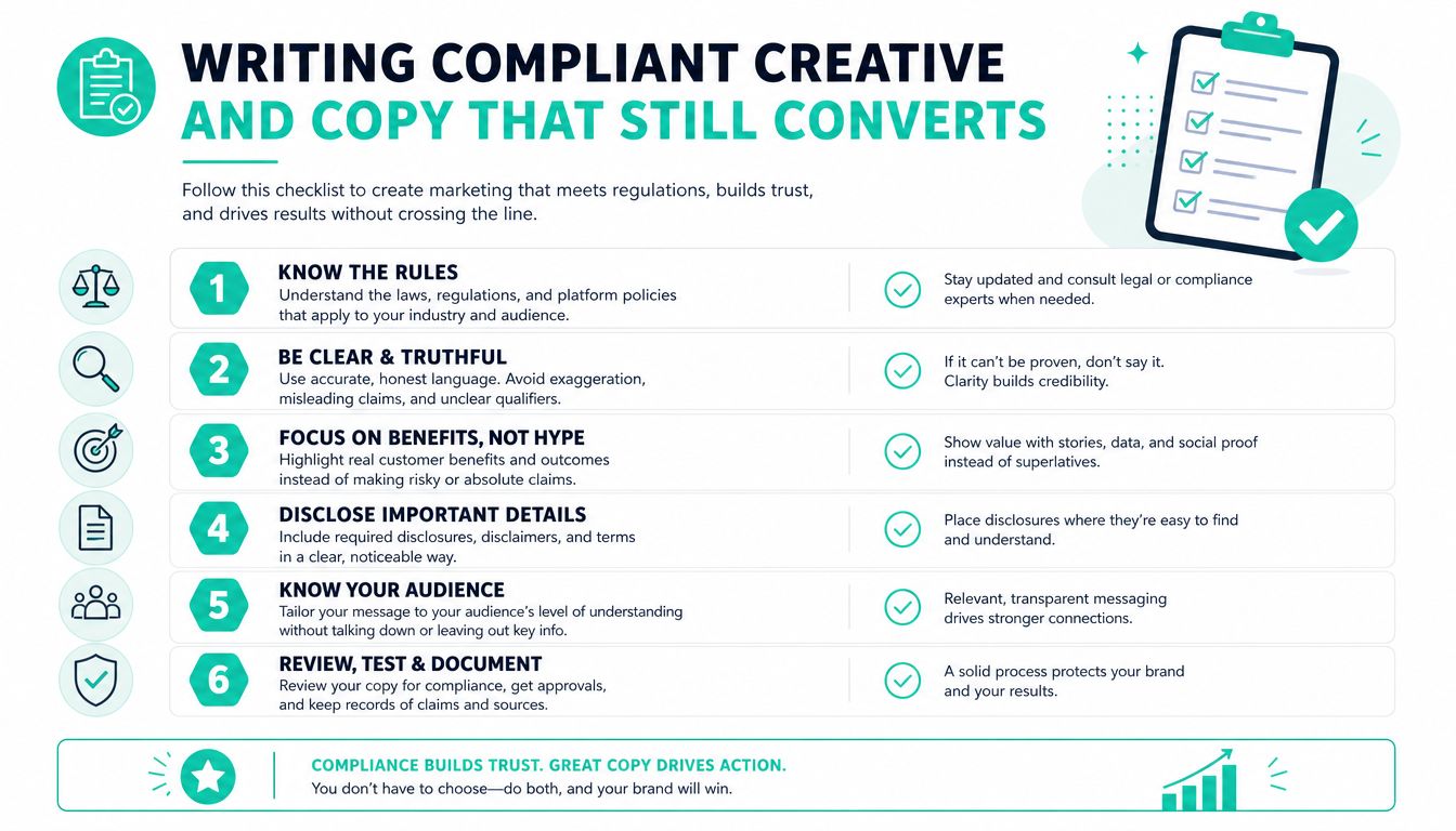 An infographic checklist for writing compliant and high-converting marketing copy while following industry regulations and rules.