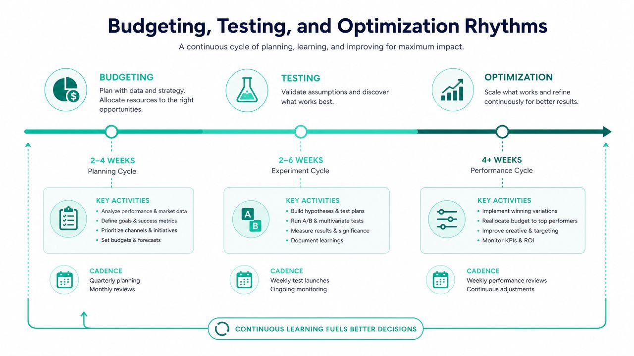 A diagram illustrating a continuous cycle of budgeting, testing, and optimization for business performance management.