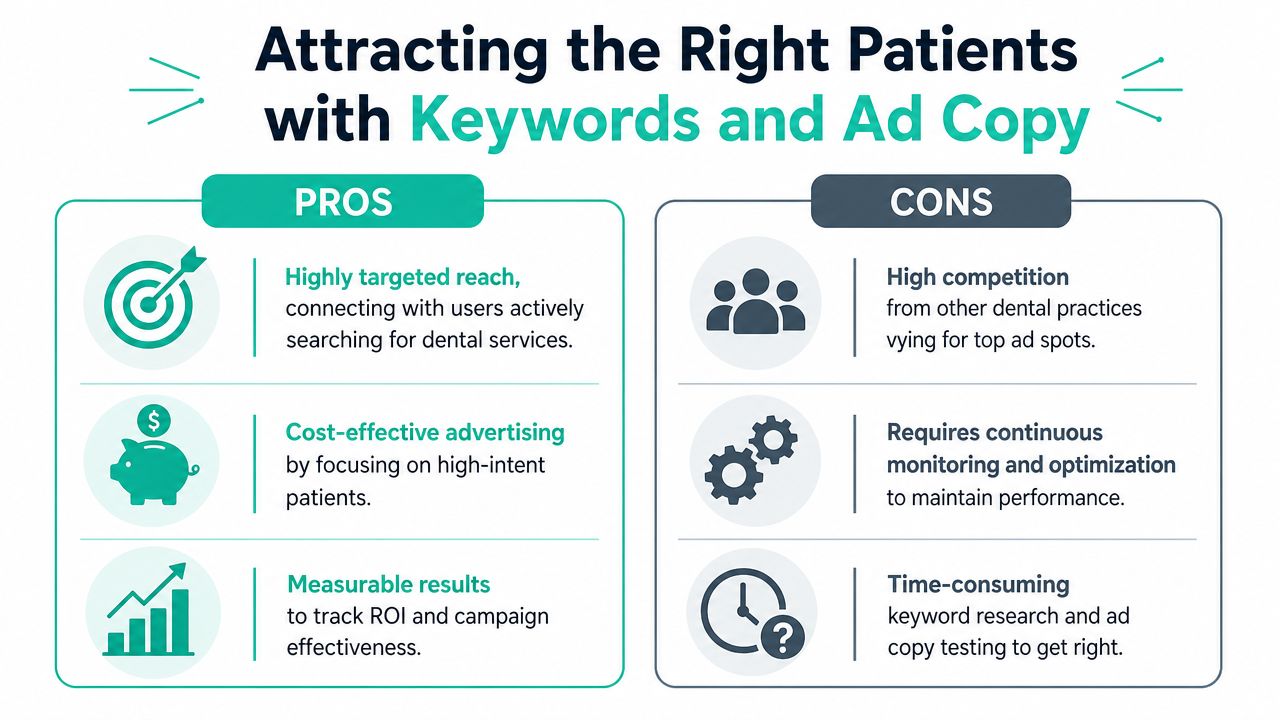 An infographic comparing the pros and cons of using keywords and ad copy to attract dental patients.