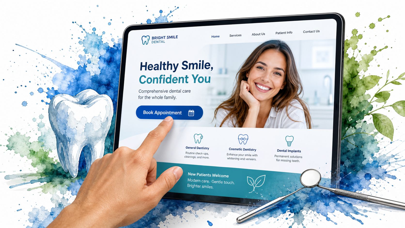 A tablet screen displaying a Bright Smile Dental website with a finger tapping the appointment booking button.