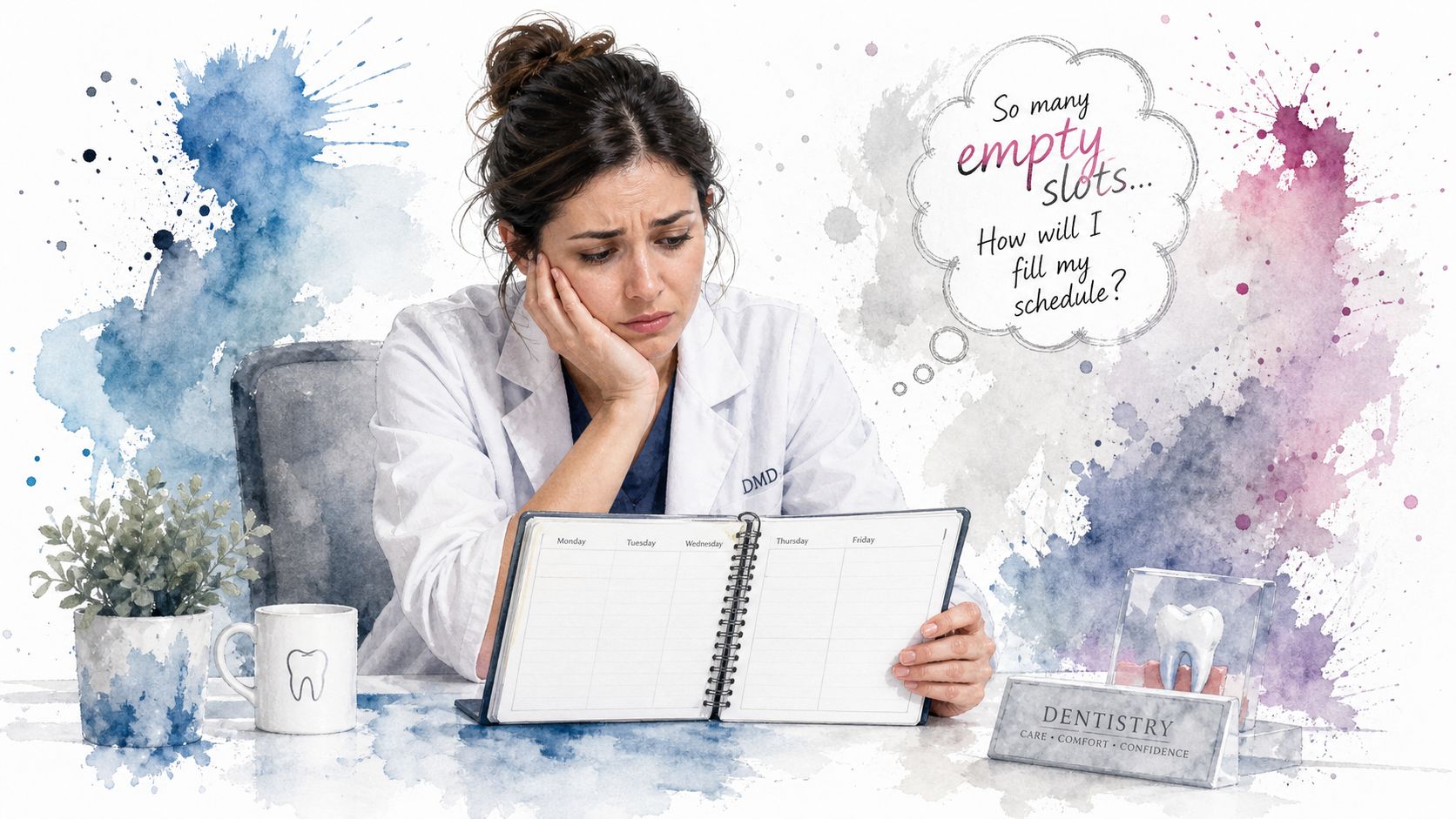 A concerned dentist looking at an empty appointment calendar in her office with a watercolor aesthetic background.