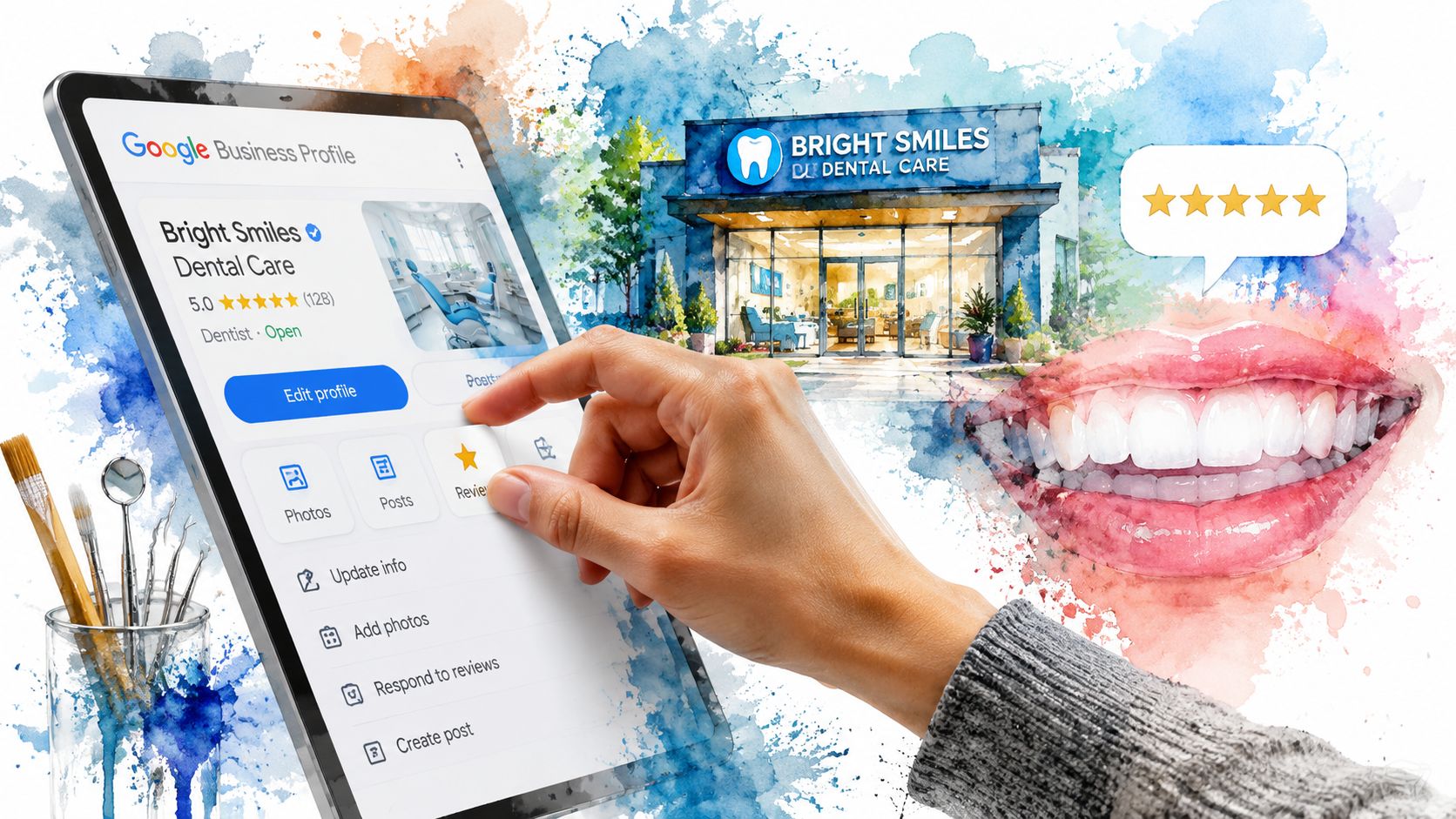 A hand interacting with a Google Business Profile for a dental office, illustrating positive patient feedback.