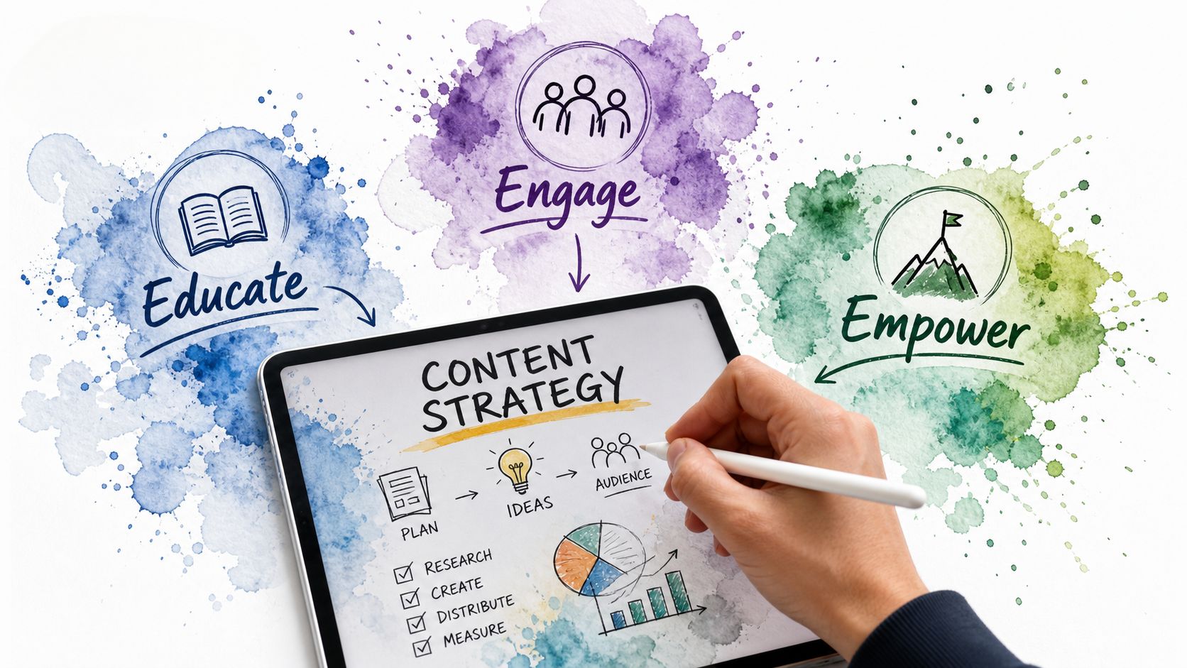 A hand using a digital pen on a tablet to sketch a healthcare content strategy process map.