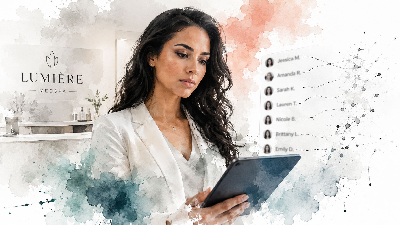 A professional woman in a medical spa holding a tablet with a list of client referrals displayed.
