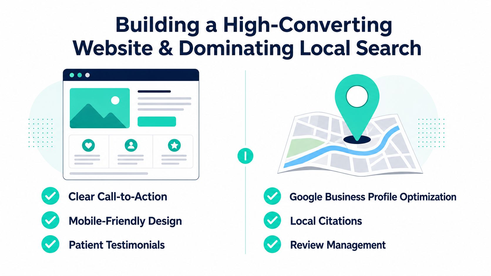 An infographic illustrating strategies for building a high-converting medical website and dominating local search engine results.