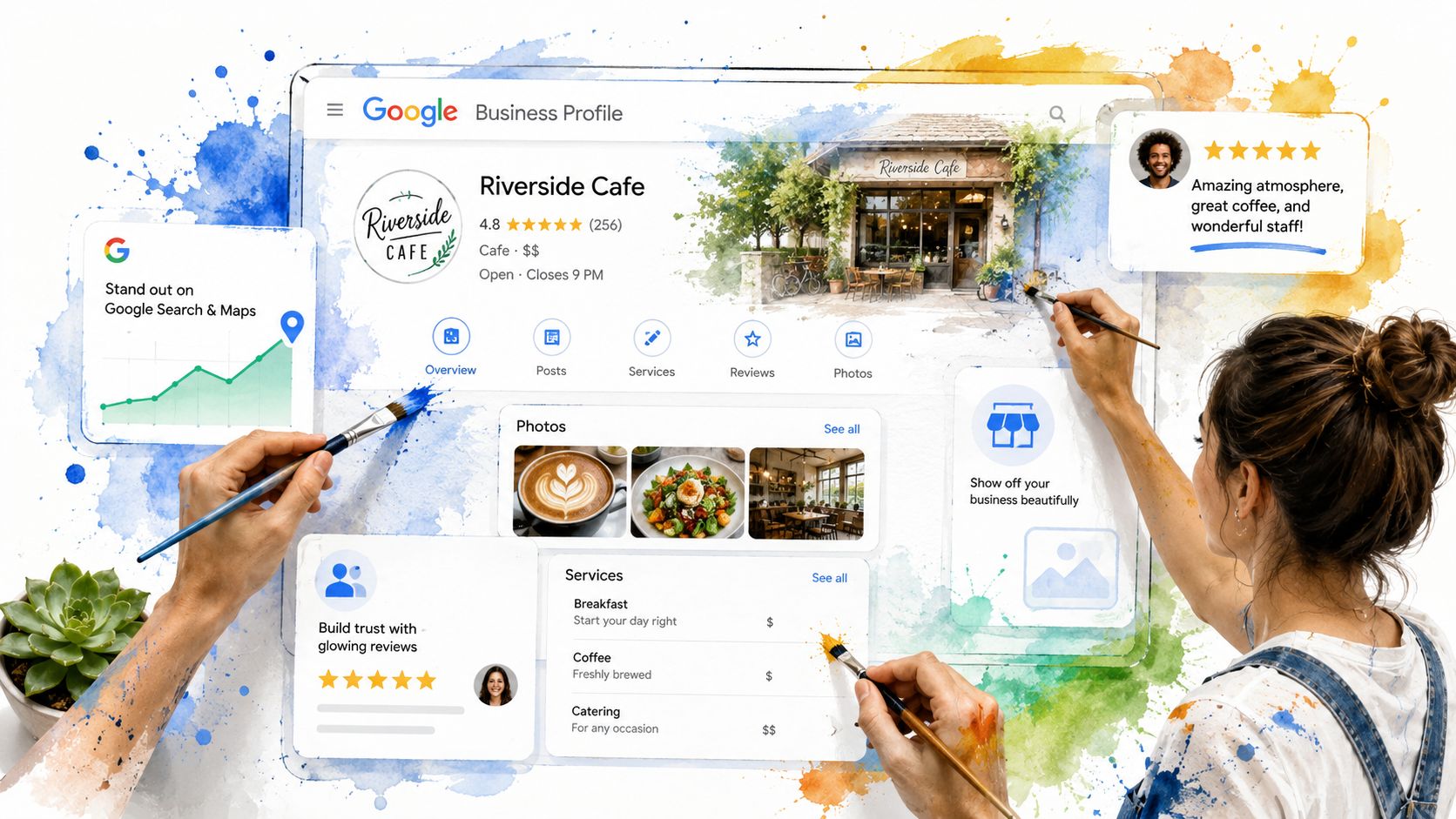 An artistic illustration showing hands painting a Google Business Profile interface for a cafe to enhance visibility.