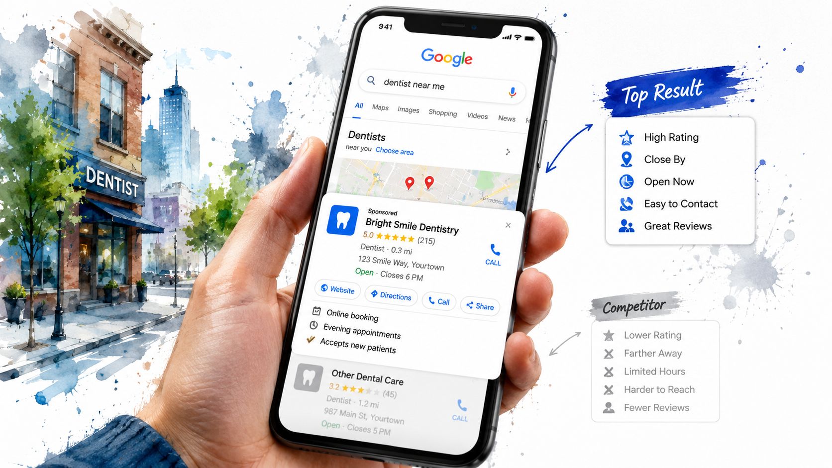 A hand holding a smartphone displaying a Google search result for a top-rated local dentist office.
