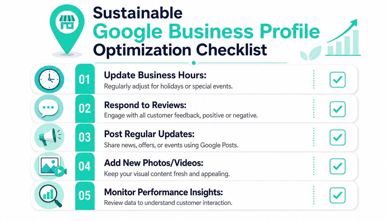A checklist infographic titled Sustainable Google Business Profile Optimization showing five key steps for local business management.