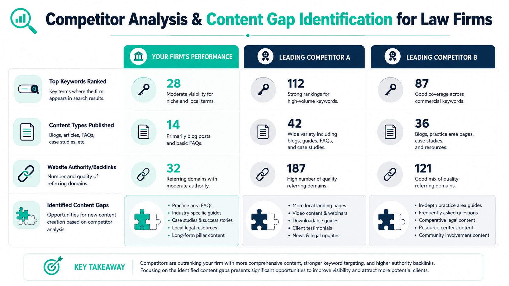 A comparison chart showing performance metrics and content gap analysis for a law firm versus its main competitors.