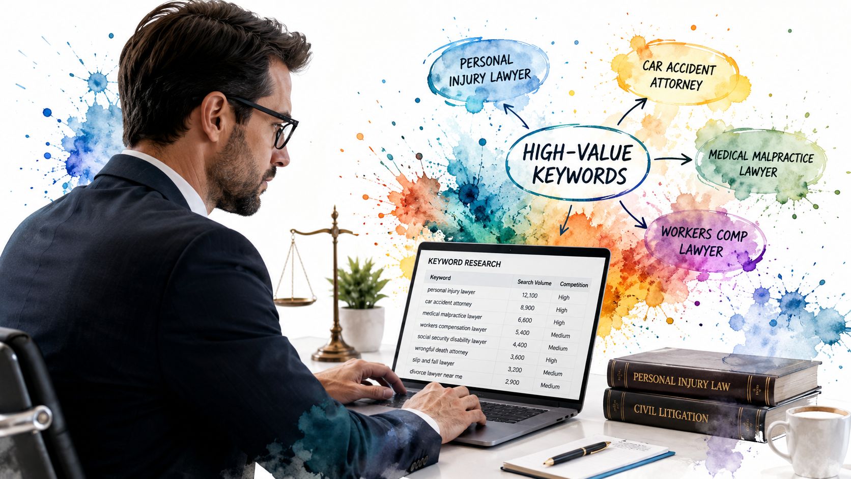 A professional lawyer using a laptop for keyword research with creative legal-themed graphics and books.