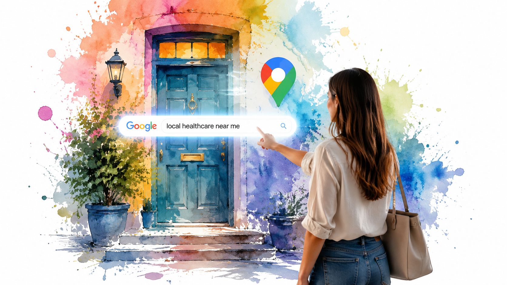 A woman interacting with a digital Google Maps interface overlaying a watercolor illustration of a house doorway.
